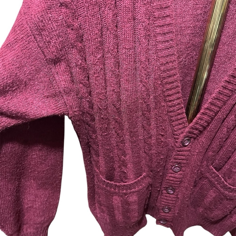 Men's Vinatge Cable Knit Cardigan Sweater - Rich Burgundy Large Wool - Picture 4 of 9